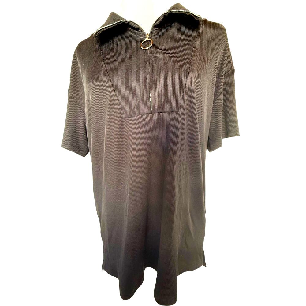 McKol Large Women's Black Top half zip silver tone short sleeve casual